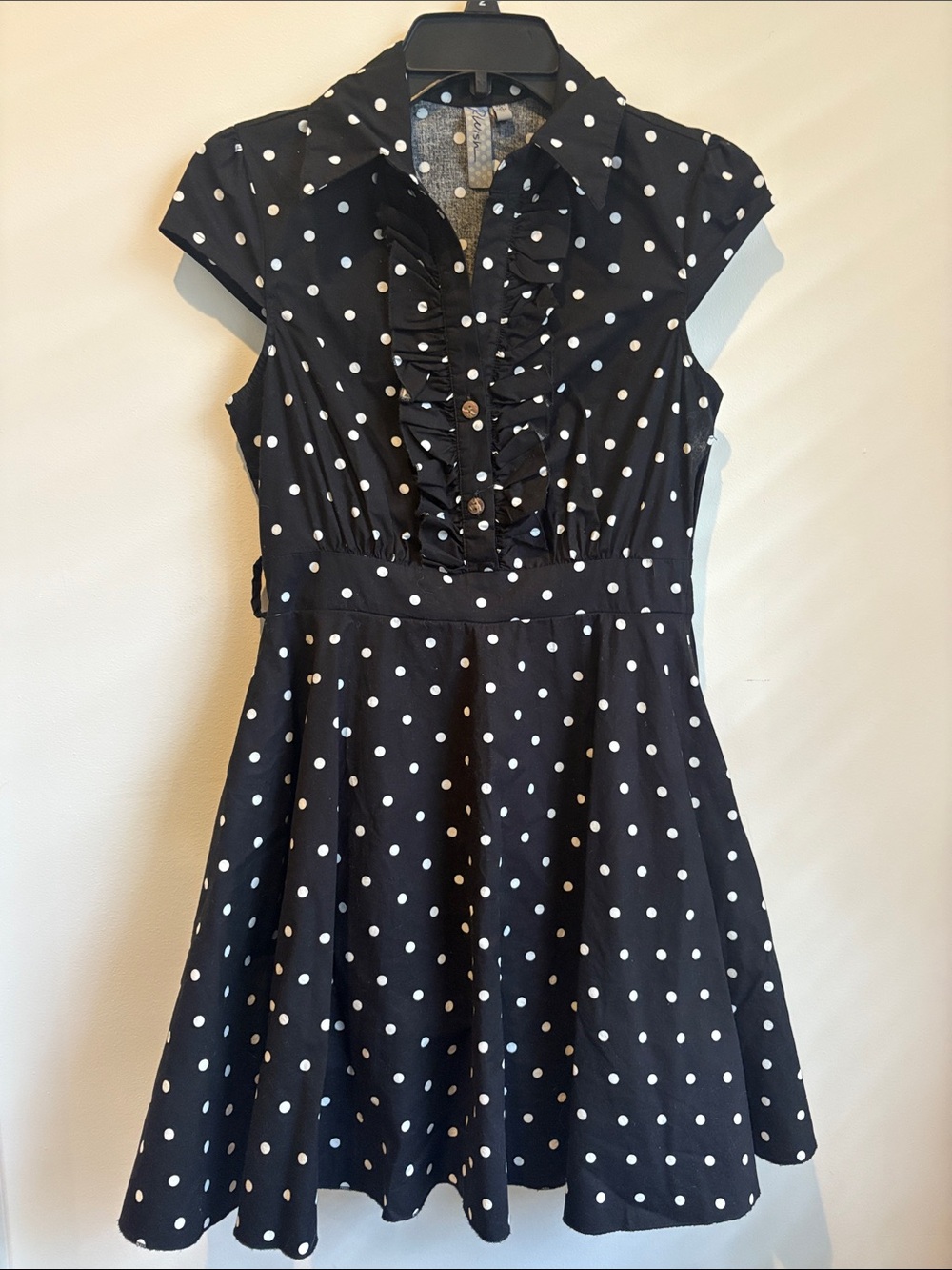 Black Polka Dot Ruffle-Front Midi Dress